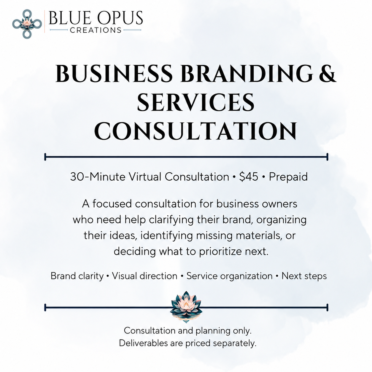 Business Branding & Services Consultation 30 minutes | $45 | Virtual