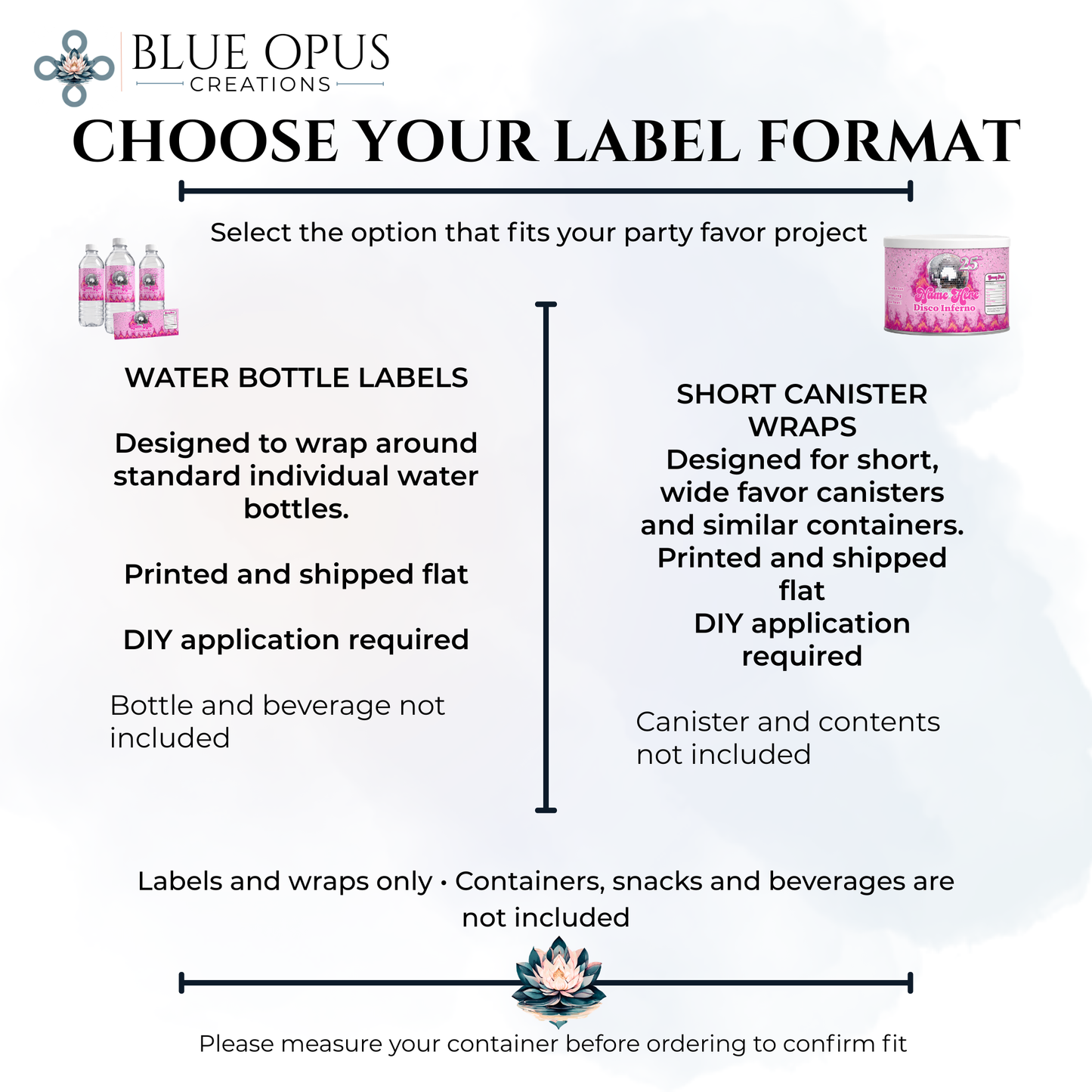 Semi-Custom Water Bottle Labels & Short Canister Wraps