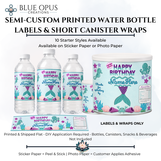Semi-Custom Water Bottle Labels & Short Canister Wraps